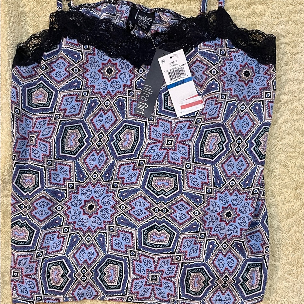 Ultra Flirt Geometric Blue and Black Lace Camisole